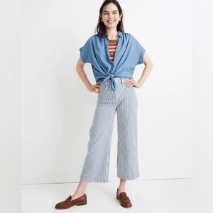 MADEWELL Emmett Wide-Leg Crop Pants in Herringbone Railroad Stripe Blue White 24